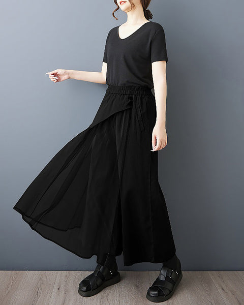 ellazhu Women's Pants Pathwork Elastic Waist Side Pocket Tulle Casual Plus Size Fashion GZ562 Black