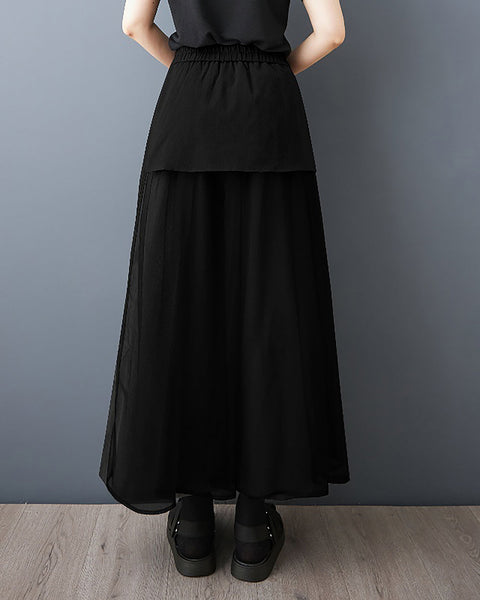 ellazhu Women's Pants Pathwork Elastic Waist Side Pocket Tulle Casual Plus Size Fashion GZ562 Black