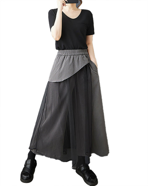 ellazhu Women's Pants Pathwork Elastic Waist Side Pocket Tulle Casual Plus Size Fashion GZ562 Black