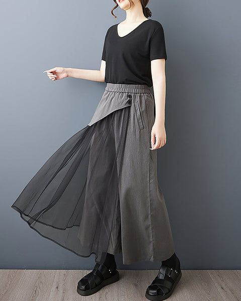 ellazhu Women's Pants Pathwork Elastic Waist Side Pocket Tulle Casual Plus Size Fashion GZ562 Black