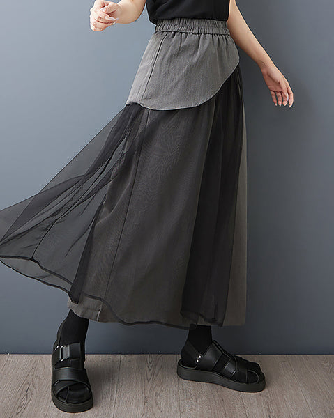 ellazhu Women's Pants Pathwork Elastic Waist Side Pocket Tulle Casual Plus Size Fashion GZ562 Black