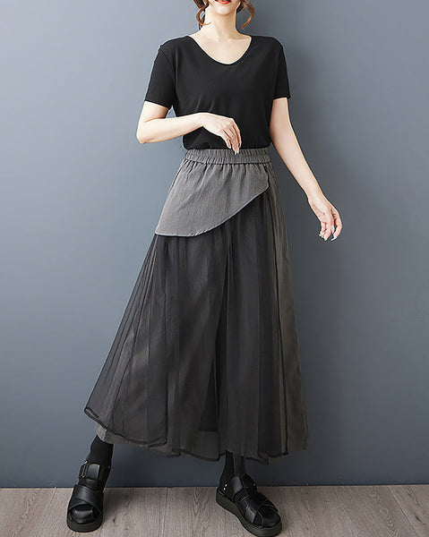 ellazhu Women's Pants Pathwork Elastic Waist Side Pocket Tulle Casual Plus Size Fashion GZ562 Black