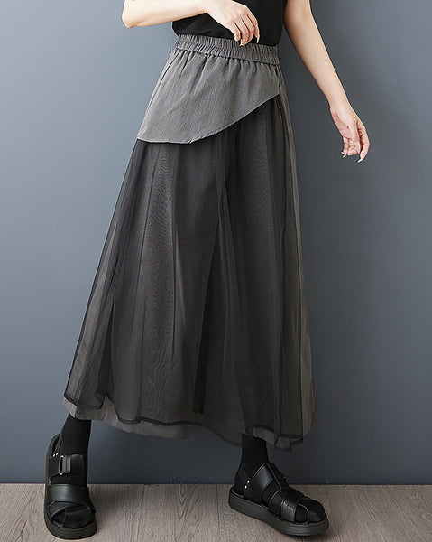 ellazhu Women's Pants Pathwork Elastic Waist Side Pocket Tulle Casual Plus Size Fashion GZ562 Black