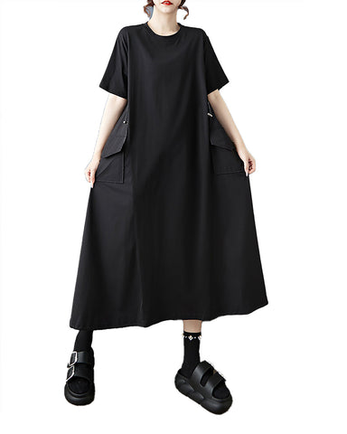ellazhu Women's Dress Solid Short Sleeve Crewneck Side Pockets Plus Size Midi Casual Summer Loose GZ563 Black