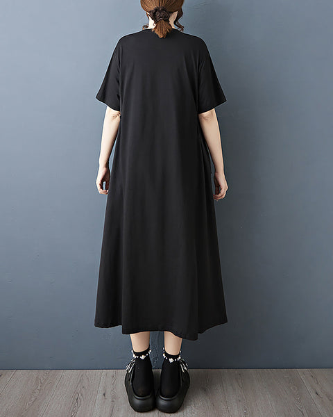 ellazhu Women's Dress Solid Short Sleeve Crewneck Side Pockets Plus Size Midi Casual Summer Loose GZ563 Black