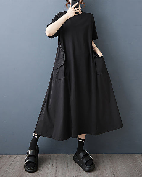 ellazhu Women's Dress Solid Short Sleeve Crewneck Side Pockets Plus Size Midi Casual Summer Loose GZ563 Black