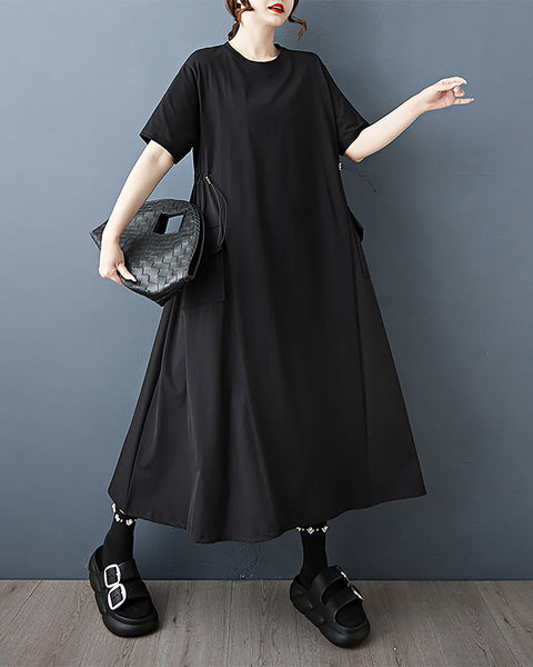 ellazhu Women's Dress Solid Short Sleeve Crewneck Side Pockets Plus Size Midi Casual Summer Loose GZ563 Black