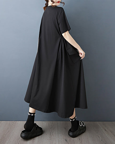 ellazhu Women's Dress Solid Short Sleeve Crewneck Side Pockets Plus Size Midi Casual Summer Loose GZ563 Black