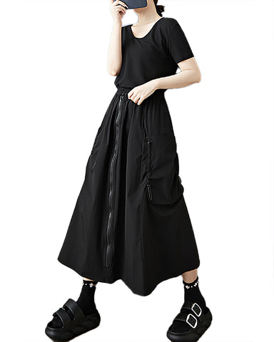 ellazhu Women's Pants Solid Strap High Elastic Waist Two Side Pockets Casual Plus Size Summer GZ564 A Black