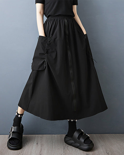 ellazhu Women's Pants Solid Strap High Elastic Waist Two Side Pockets Casual Plus Size Summer GZ564 A Black