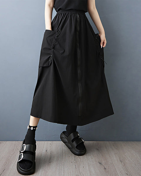 ellazhu Women's Pants Solid Strap High Elastic Waist Two Side Pockets Casual Plus Size Summer GZ564 A Black
