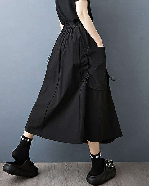 ellazhu Women's Pants Solid Strap High Elastic Waist Two Side Pockets Casual Plus Size Summer GZ564 A Black