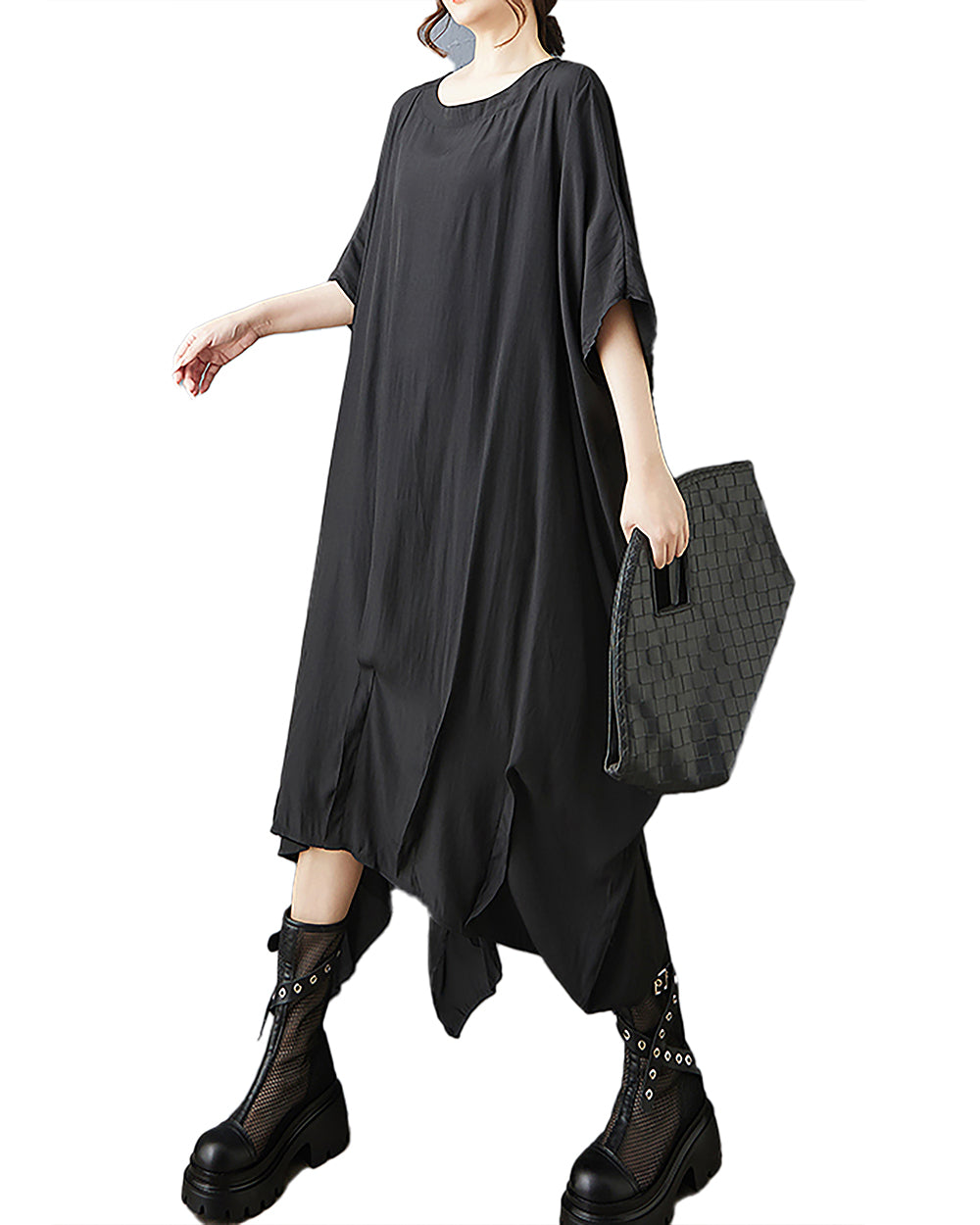 ellazhu Women's Dress Batwing Sleeve Solid Crewneck Plus Size Irregular Hem Casual Fashion GZ565 Black