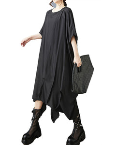 ellazhu Women's Dress Batwing Sleeve Solid Crewneck Plus Size Irregular Hem Casual Fashion GZ565 Black