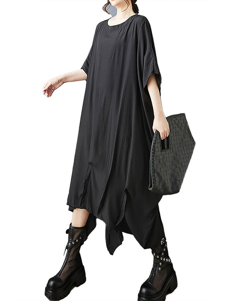 ellazhu Women's Dress Batwing Sleeve Solid Crewneck Plus Size Irregular Hem Casual Fashion GZ565 Black