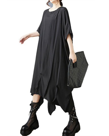 ellazhu Women's Dress Batwing Sleeve Solid Crewneck Plus Size Irregular Hem Casual Fashion GZ565 Black