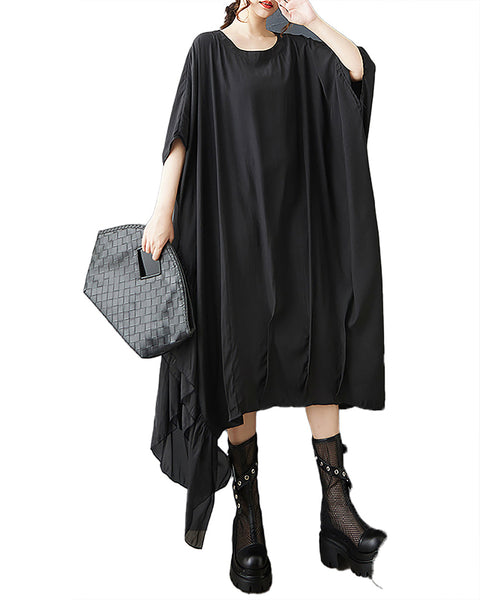 ellazhu Women's Dress Batwing Sleeve Solid Crewneck Plus Size Irregular Hem Casual Fashion GZ565 Black