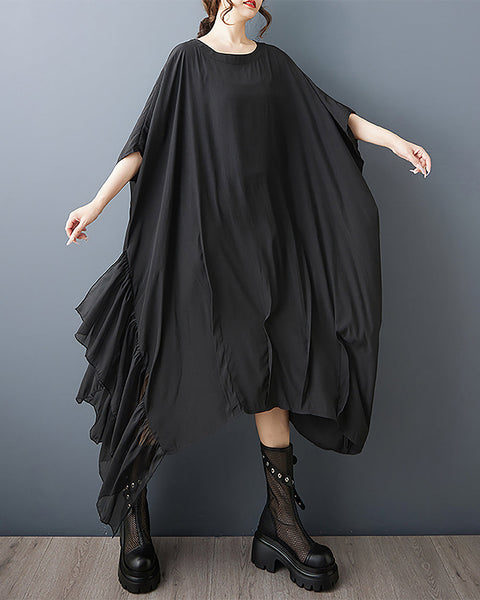 ellazhu Women's Dress Batwing Sleeve Solid Crewneck Plus Size Irregular Hem Casual Fashion GZ565 Black