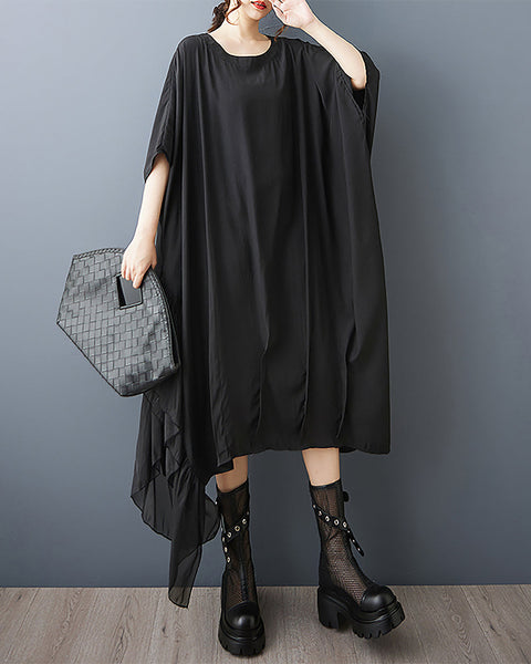 ellazhu Women's Dress Batwing Sleeve Solid Crewneck Plus Size Irregular Hem Casual Fashion GZ565 Black