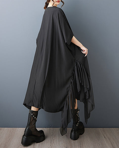 ellazhu Women's Dress Batwing Sleeve Solid Crewneck Plus Size Irregular Hem Casual Fashion GZ565 Black