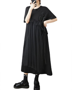ellazhu Women's Dress Patchwork Tulle Ribbon Crewneck Short Sleeve Flowy Hem Irregular Hem Plus Size Fashion Casual GZ566 Black