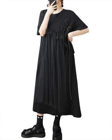 ellazhu Women's Dress Patchwork Tulle Ribbon Crewneck Short Sleeve Flowy Hem Irregular Hem Plus Size Fashion Casual GZ566 Black