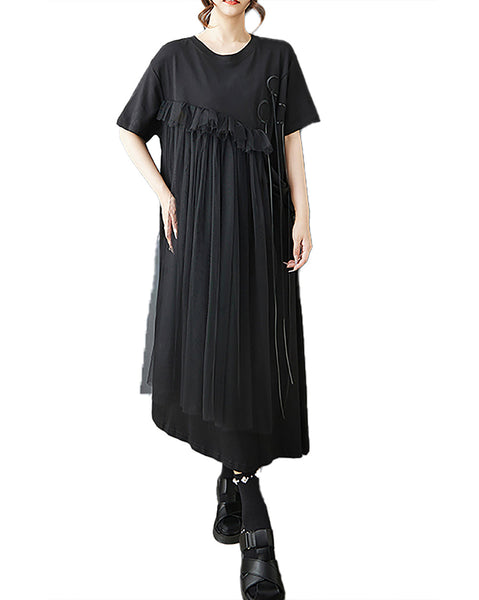 ellazhu Women's Dress Patchwork Tulle Ribbon Crewneck Short Sleeve Flowy Hem Irregular Hem Plus Size Fashion Casual GZ566 Black