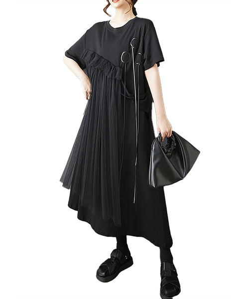 ellazhu Women's Dress Patchwork Tulle Ribbon Crewneck Short Sleeve Flowy Hem Irregular Hem Plus Size Fashion Casual GZ566 Black