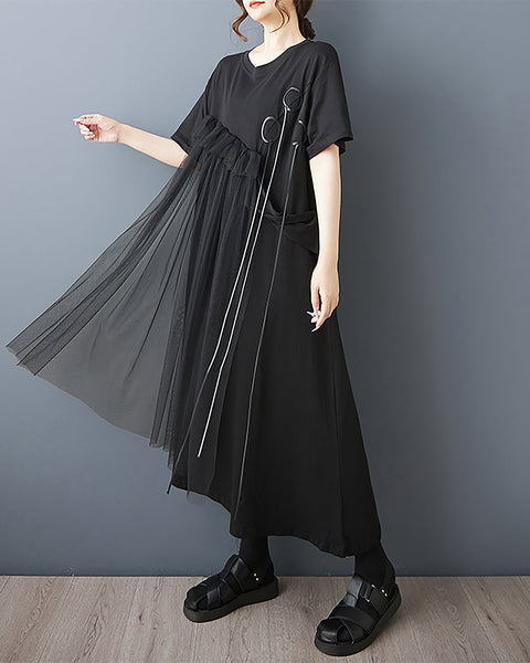 ellazhu Women's Dress Patchwork Tulle Ribbon Crewneck Short Sleeve Flowy Hem Irregular Hem Plus Size Fashion Casual GZ566 Black