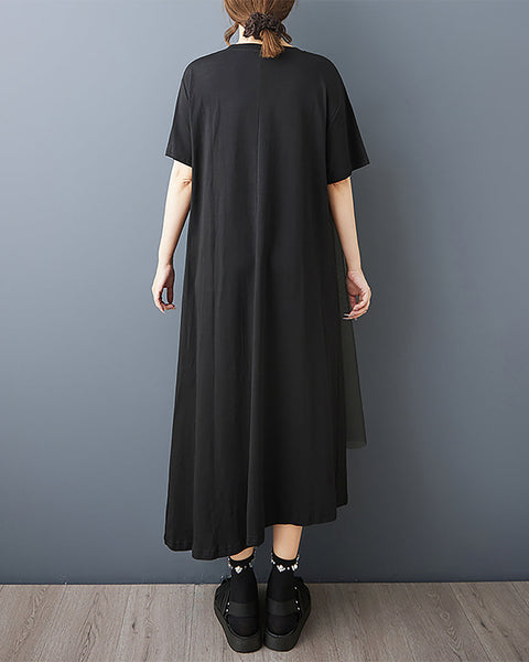 ellazhu Women's Dress Patchwork Tulle Ribbon Crewneck Short Sleeve Flowy Hem Irregular Hem Plus Size Fashion Casual GZ566 Black