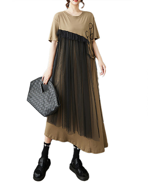 ellazhu Women's Dress Patchwork Tulle Ribbon Crewneck Short Sleeve Flowy Hem Irregular Hem Plus Size Fashion Casual GZ566 Black
