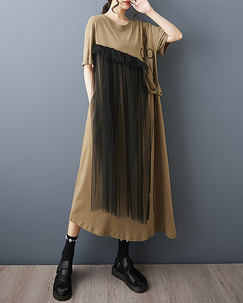 ellazhu Women's Dress Patchwork Tulle Ribbon Crewneck Short Sleeve Flowy Hem Irregular Hem Plus Size Fashion Casual GZ566 Black