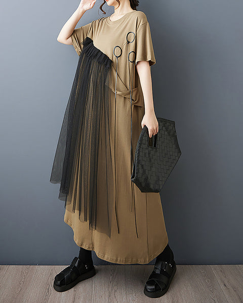 ellazhu Women's Dress Patchwork Tulle Ribbon Crewneck Short Sleeve Flowy Hem Irregular Hem Plus Size Fashion Casual GZ566 Black