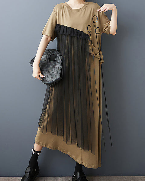 ellazhu Women's Dress Patchwork Tulle Ribbon Crewneck Short Sleeve Flowy Hem Irregular Hem Plus Size Fashion Casual GZ566 Black