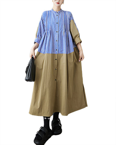 ellazhu Women's Dress Patchwork Strip Lapel Button Down Long Sleeve Vintage Summer Plus Size GZ567 Blue