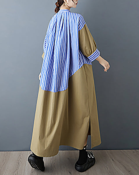 ellazhu Women's Dress Patchwork Strip Lapel Button Down Long Sleeve Vintage Summer Plus Size GZ567 Blue