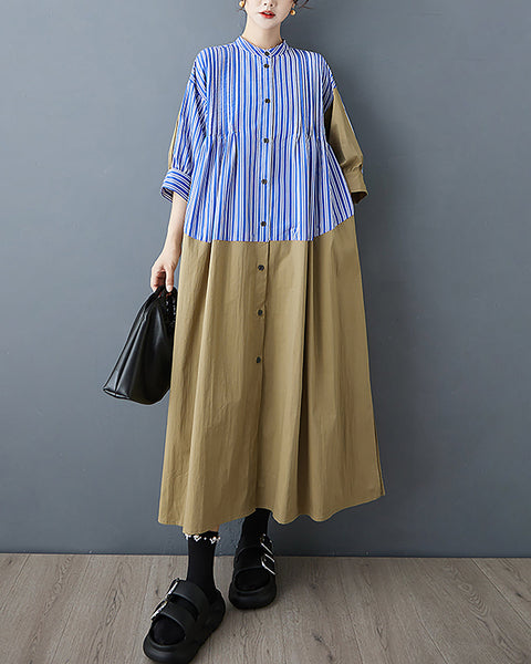 ellazhu Women's Dress Patchwork Strip Lapel Button Down Long Sleeve Vintage Summer Plus Size GZ567 Blue