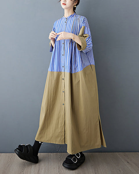 ellazhu Women's Dress Patchwork Strip Lapel Button Down Long Sleeve Vintage Summer Plus Size GZ567 Blue