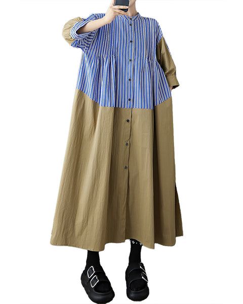 ellazhu Women's Dress Patchwork Strip Lapel Button Down Long Sleeve Vintage Summer Plus Size GZ567 Blue