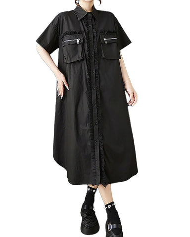 ellazhu Women's Dress Lapel Button Down Solid Short Sleeve Flowy Hem Casual Loose Tulle GZ568 Black