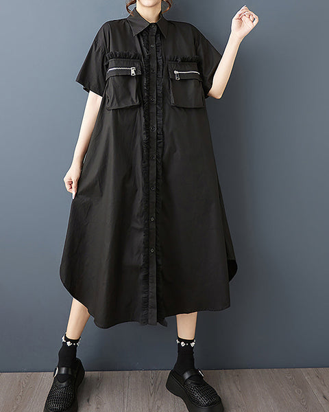 ellazhu Women's Dress Lapel Button Down Solid Short Sleeve Flowy Hem Casual Loose Tulle GZ568 Black
