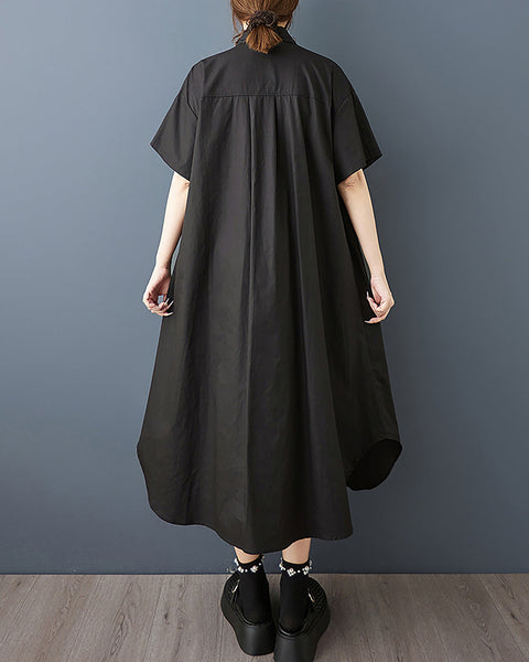 ellazhu Women's Dress Lapel Button Down Solid Short Sleeve Flowy Hem Casual Loose Tulle GZ568 Black