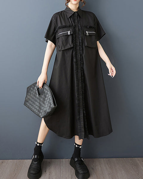 ellazhu Women's Dress Lapel Button Down Solid Short Sleeve Flowy Hem Casual Loose Tulle GZ568 Black