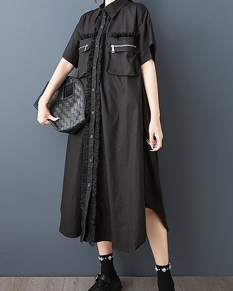 ellazhu Women's Dress Lapel Button Down Solid Short Sleeve Flowy Hem Casual Loose Tulle GZ568 Black