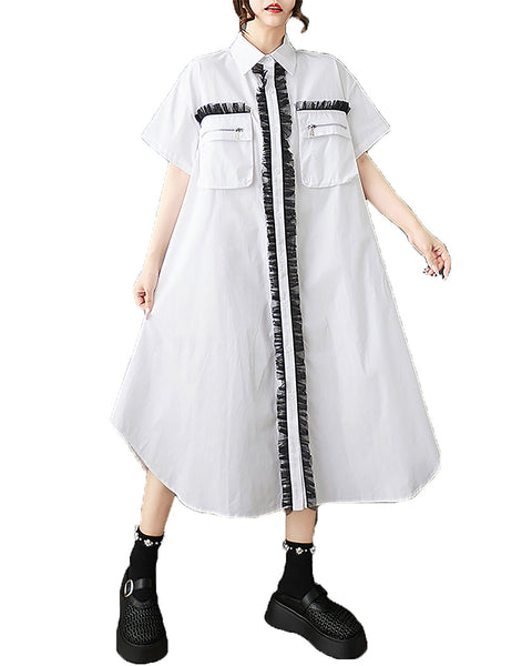 ellazhu Women's Dress Lapel Button Down Solid Short Sleeve Flowy Hem Casual Loose Tulle GZ568 Black