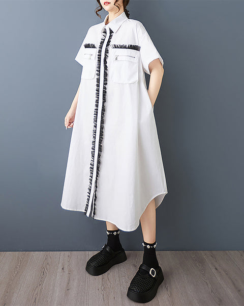 ellazhu Women's Dress Lapel Button Down Solid Short Sleeve Flowy Hem Casual Loose Tulle GZ568 Black