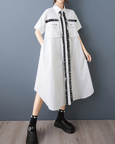 ellazhu Women's Dress Lapel Button Down Solid Short Sleeve Flowy Hem Casual Loose Tulle GZ568 Black