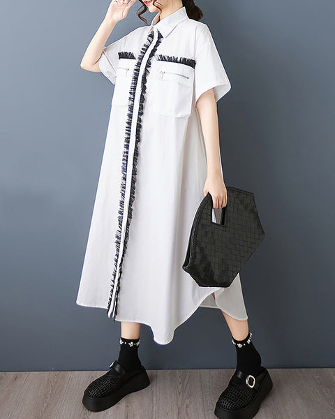 ellazhu Women's Dress Lapel Button Down Solid Short Sleeve Flowy Hem Casual Loose Tulle GZ568 Black