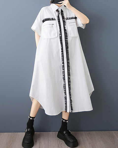ellazhu Women's Dress Lapel Button Down Solid Short Sleeve Flowy Hem Casual Loose Tulle GZ568 Black