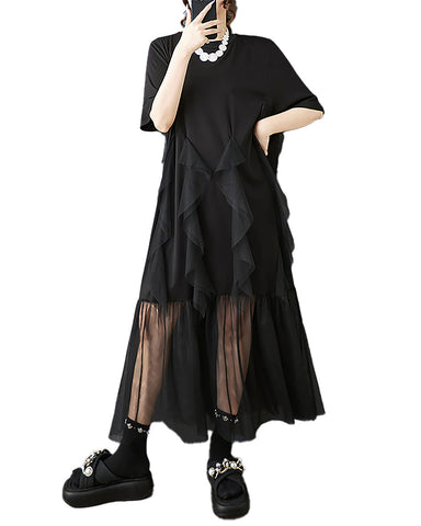 ellazhu Women's Dress Crewneck Short Sleeve Layered Solid Plus Size Tulle See Through Hem Casual Fashion Maxi GZ569 Black